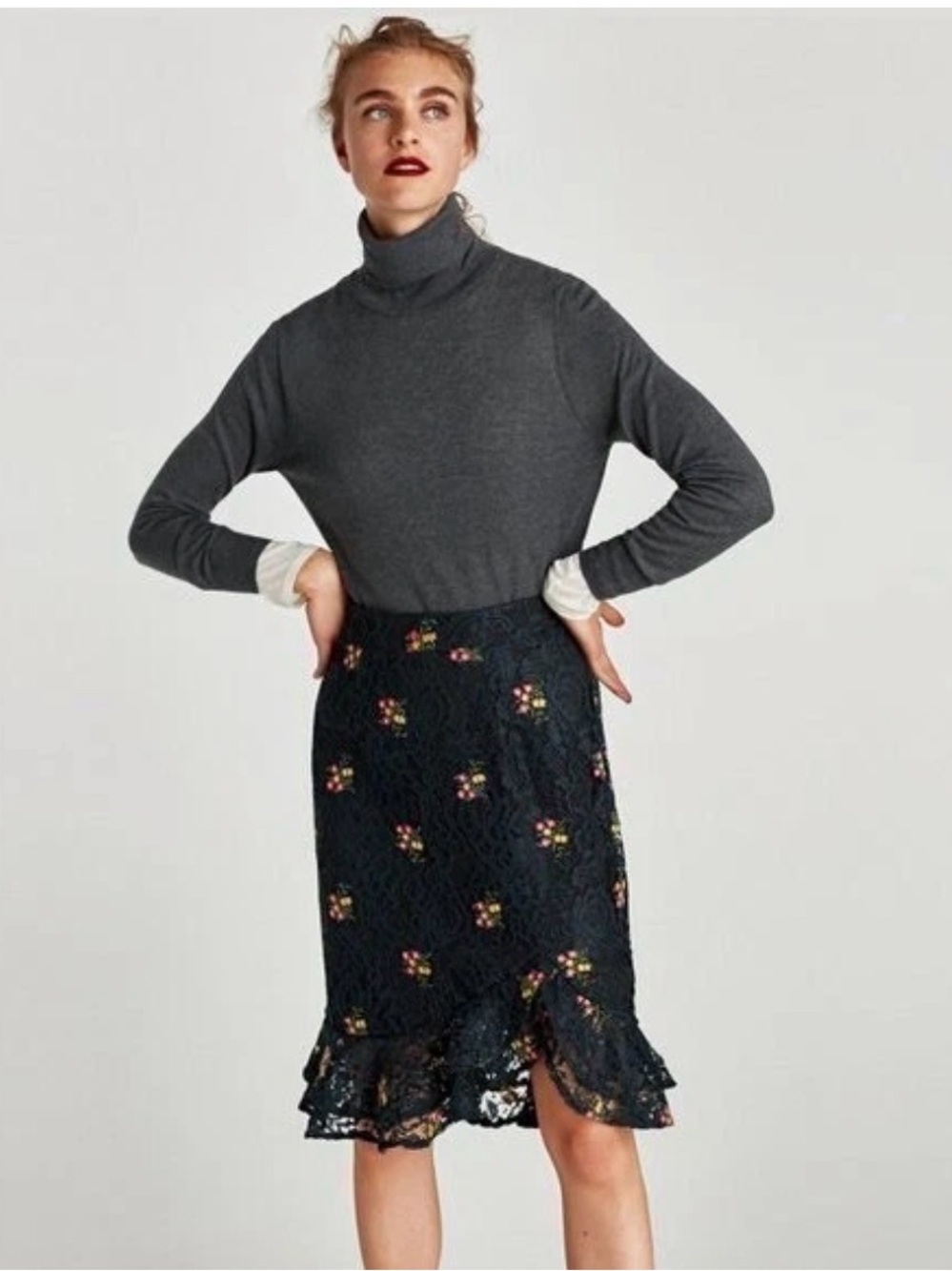 NWT Zara Basic Skirt Knee Length Embroidered Lace Ruffle Trim Black Romantic XS